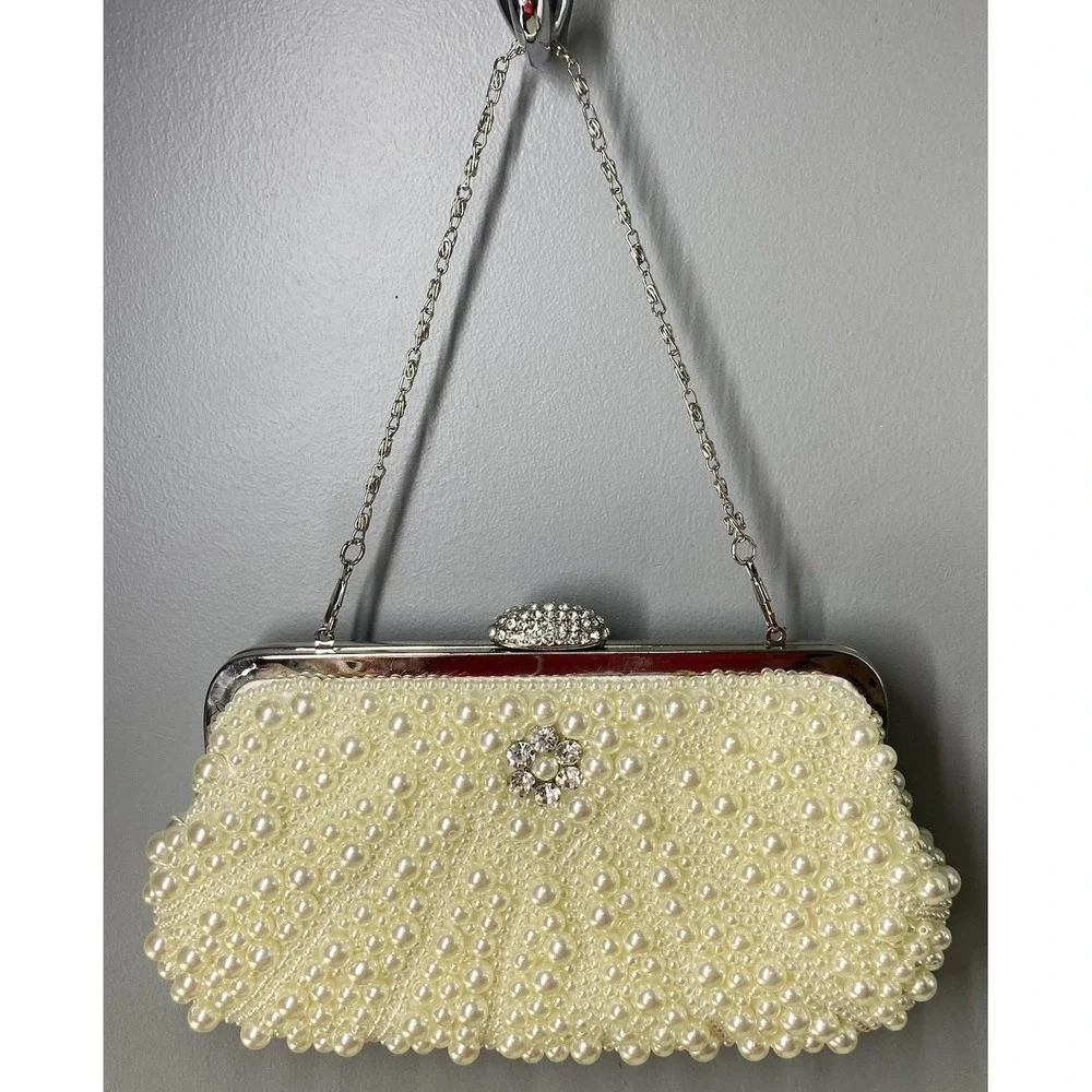 Women Ivory Pearl&Rhinestone Dress Clutch Purse Wedding Prom Crossbody 5x9.5x1